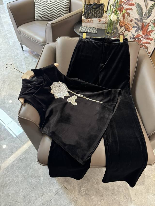 Xz24018#新款套装 M 新中式 珠绣重工 真丝绒 背心上衣长裤 套装 黑色 Smlxl